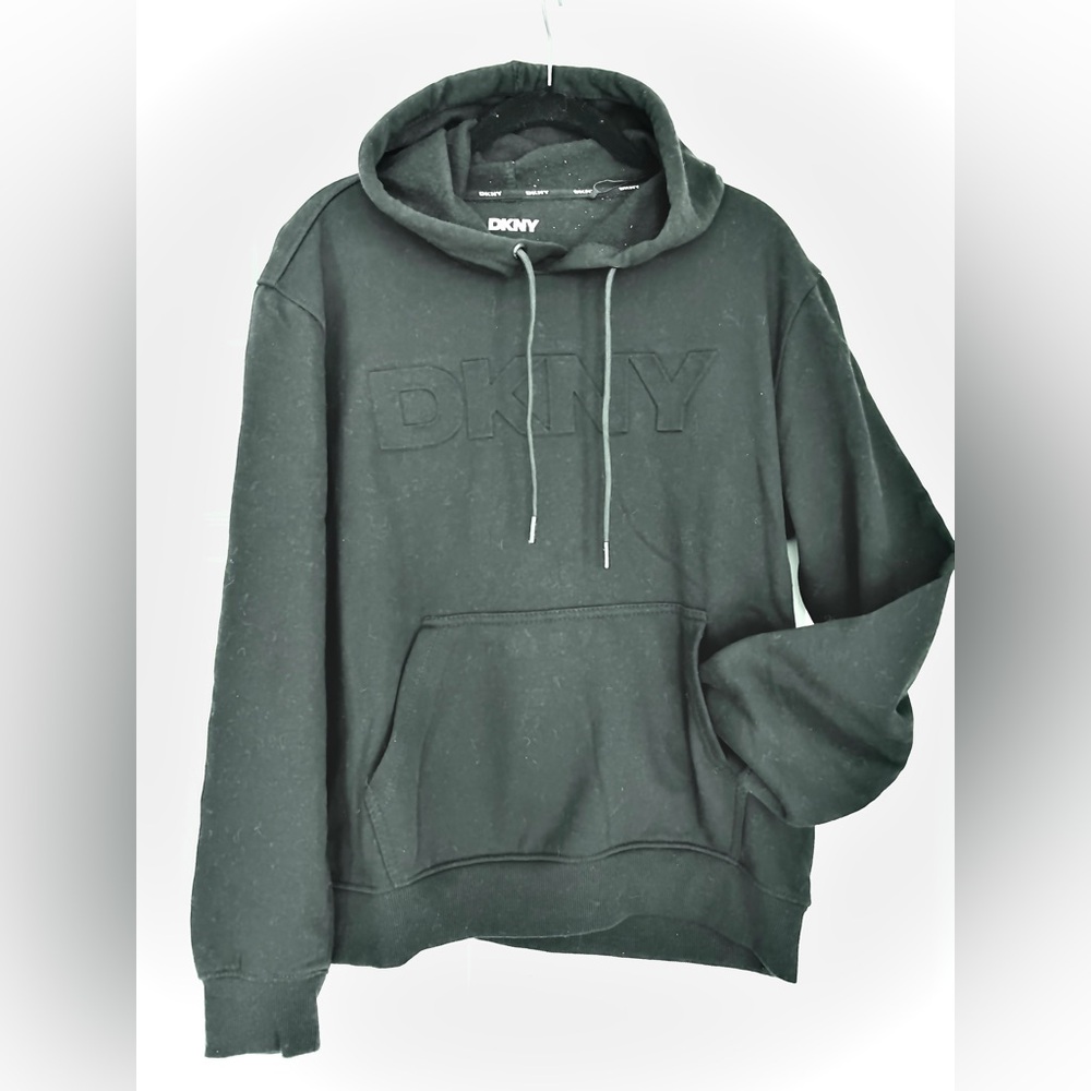 DKNY black HOODIE sweatshirt drawstrings LOGO EMBROIDERED kangaroo pocket men M
